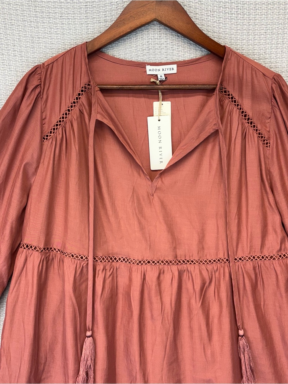NWT Moon River Anthropologie Pink Mini Tunic Dress Med Boho Bell Sleeve Cottage - Picture 3 of 13